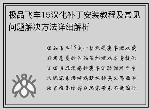 极品飞车15汉化补丁安装教程及常见问题解决方法详细解析